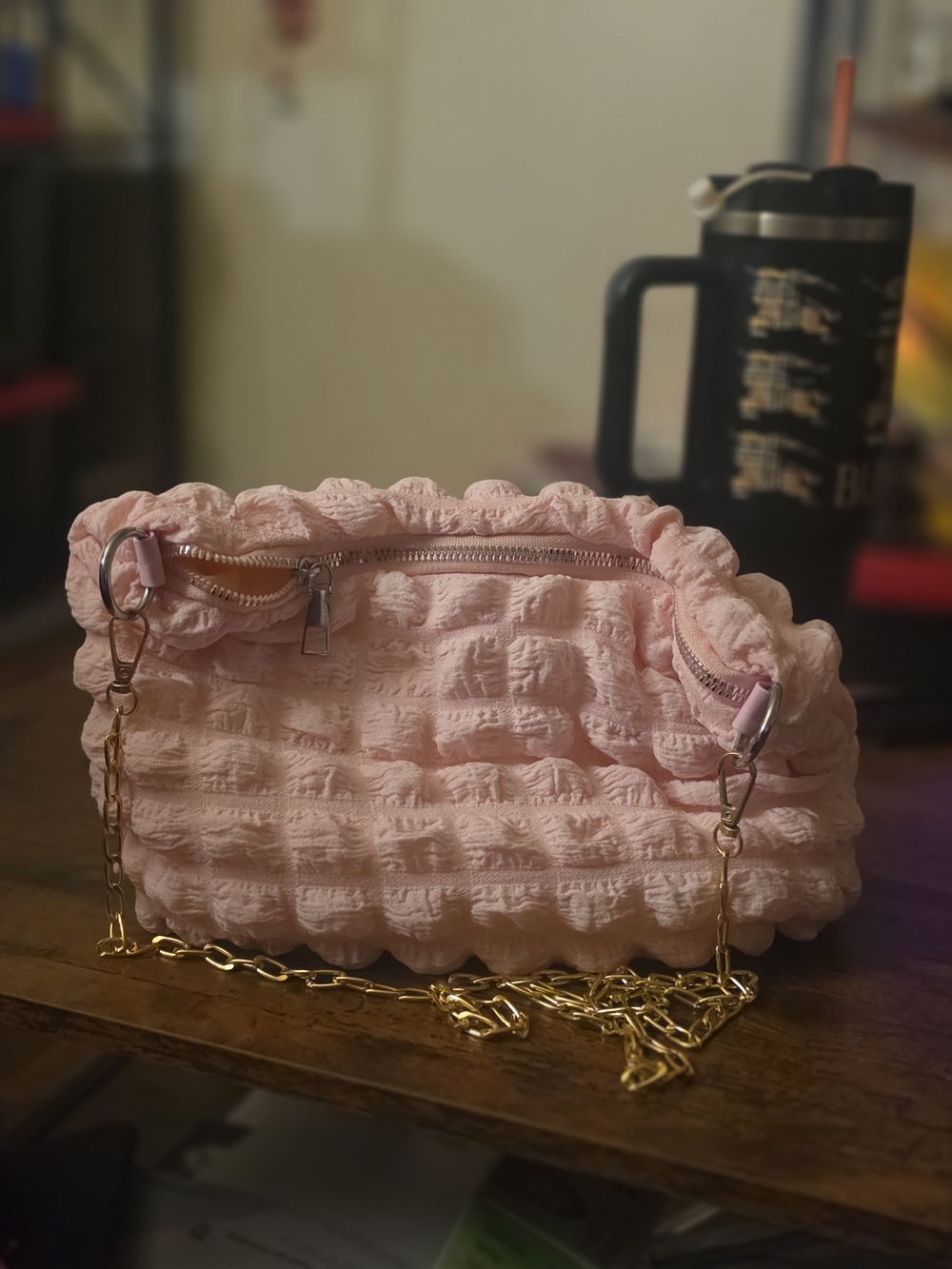 Soft Pink Quilted Shoulder Bag with Gold Chain Strap